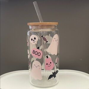 Ghost-Themed Glass Tumbler with Straw - Pink and White
